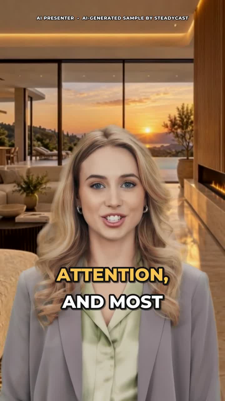 Still from the Steadycast luxury real estate sample, presented by an AI avatar